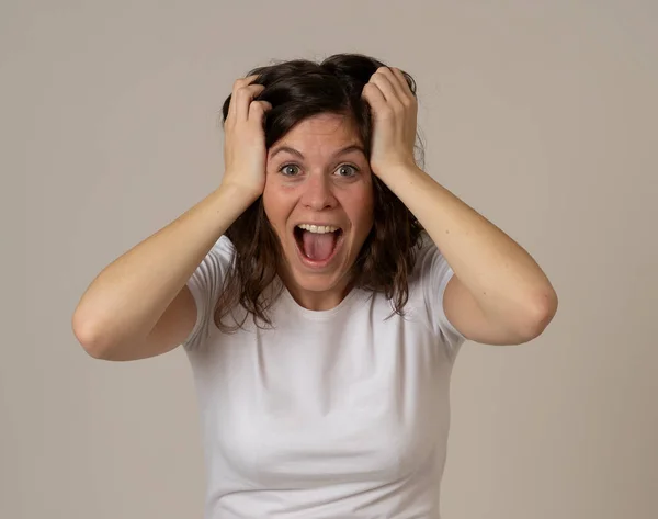 Expressão Facial Emoções Humanas Celebração Retrato Bela Mulher Chocada Ouvindo — Fotografia de Stock