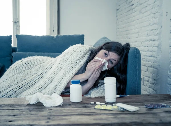 Sick Woman Sofa Sneezing Blowing Her Nose Allergy Hay Fever — Stock Photo, Image