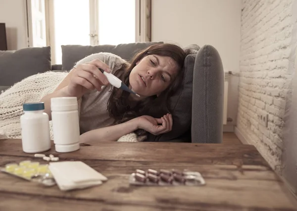 Health Care Medicine Sick Woman Lying Sofa Home Unwell Headache — Stock Photo, Image