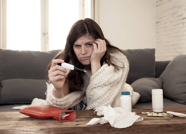 Health Care Medicine Sick Woman Lying Sofa Home Unwell Headache — Stock Photo, Image