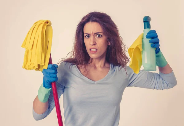 Beautiful Angry Upset Woman Holding Mop Cleaning Spray Feeling Frustrated — Stock Photo, Image