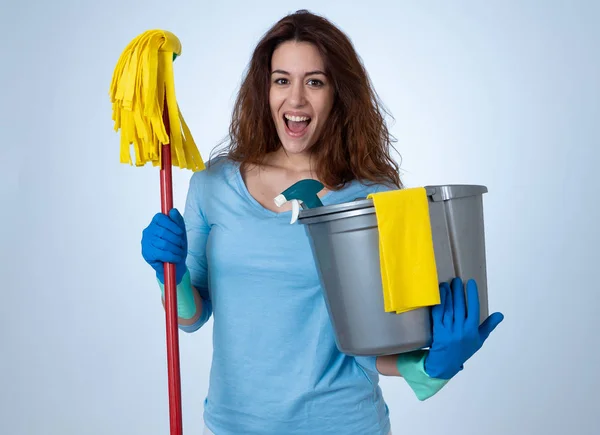 Beautiful Happy Housewife Woman Holding Cleaning Equipment Proud Women Cleaning — Stock Photo, Image
