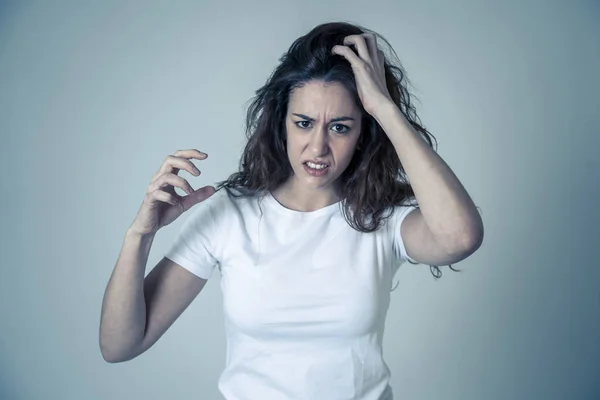 Close Portrait Attractive Frustrated Caucasian Woman Angry Stressed Face Looking — Stock Photo, Image