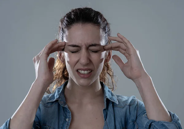 Close Portrait Young Woman Looking Worried Thoughtful Suffering Migraines Great — Stock Photo, Image