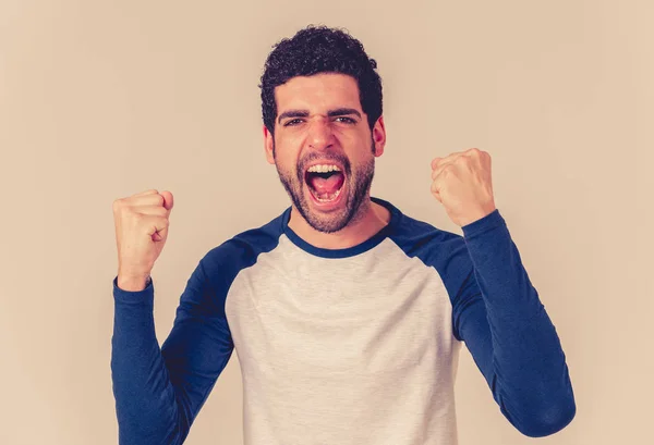Portrait Young Happy Excited Man Winning Lottery Celebrating Goal Having — Stock Photo, Image