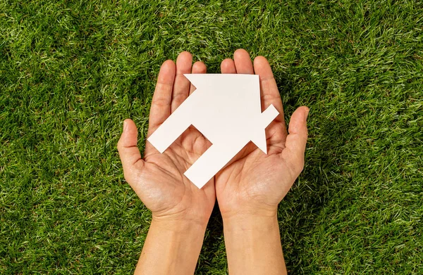 Conceptual Picture Woman Hands Holding White House Green Grass Field — Stock Photo, Image