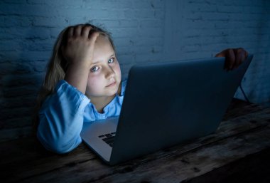Korkmuş üzgün kız laptop taciz siber zorbalık işkence online zorbalık. Okul kız sınıf arkadaşları tarafından İnternet üzerinde aşağılanmış umutsuz ve korkutmak duygu. Zorbalık çocuk kurbanı.