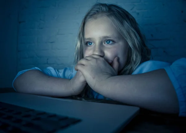 Scared Sad Girl Bullied Online Laptop Suffering Cyber Bullying Harassment — Stock Photo, Image