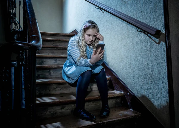 Sad Depressed Girl Bullied Text Message Humiliated Online Social Media — Stock Photo, Image