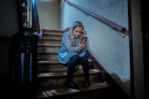 Sad Depressed Young Girl Victim Cyberbullying Mobile Smart Phone Sitting — Stock Photo, Image