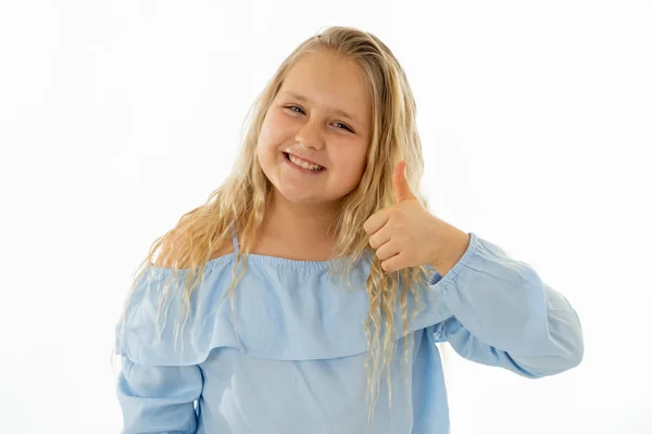 Portret Młodej Uczennicy Uczucie Szczęśliwy Uśmiechnięty Kciuki Górę Gest Izolowane — Zdjęcie stockowe
