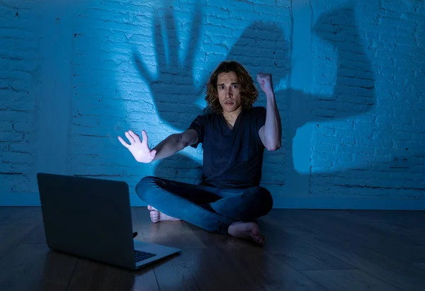 Severely Distraught Young Teen Man Laptop Suffering Cyberbullying Harassment Being — Stock Photo, Image