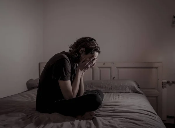 Devastated Millennial Man Crying Sad Feeling Hurt Hopeless Suffering Depression — Stock Photo, Image