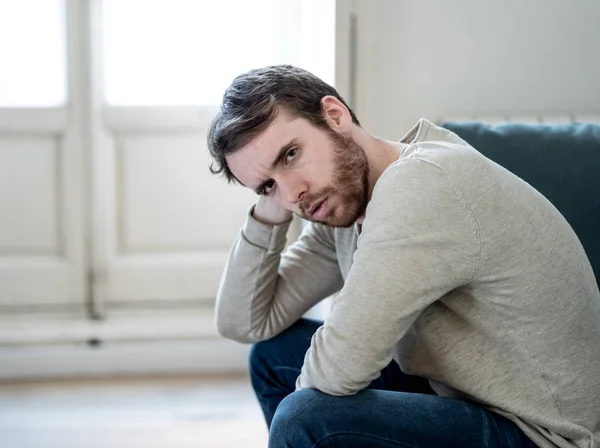 Unhappy Depressed Caucasian Male Sitting Lying Living Room Couch Feeling — Stock Photo, Image