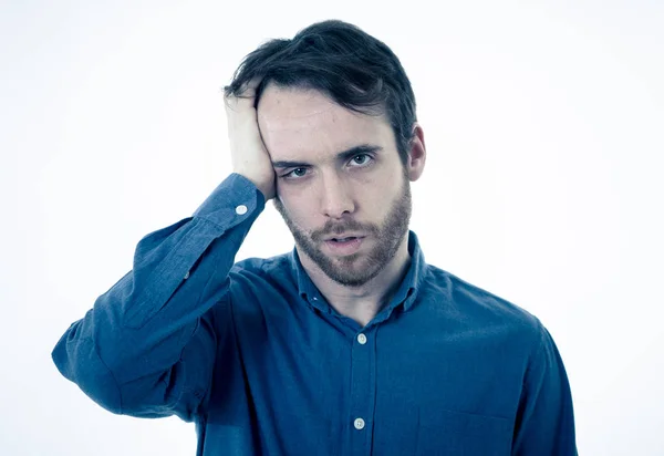 Portrait Young Bearded Man Looking Worried Thoughtful Suffering Migraines Great — Stock Photo, Image