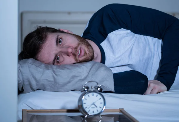 Sleepless Desperate Young Caucasian Man Awake Night Able Sleep Feeling — Stock Photo, Image