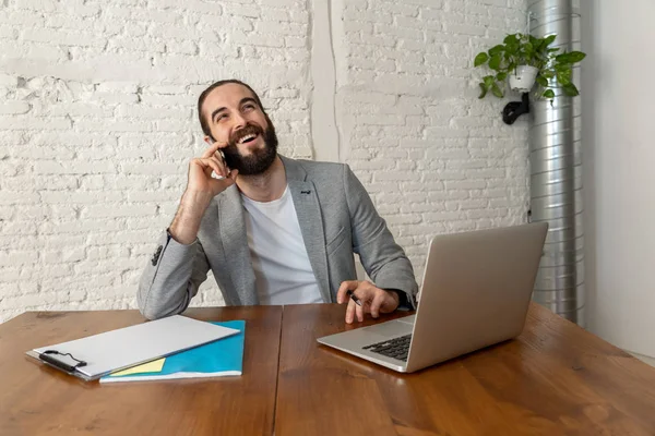 Lifestyle Portrait Hipster Entrepreneur Working Modern Home Studio Office People — Stock Photo, Image