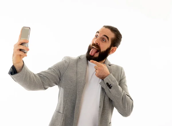 Joven Atractivo Hipster Hombre Sosteniendo Cámara Teléfono Inteligente Móvil Disparo —  Fotos de Stock