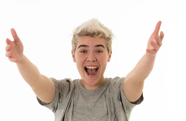 Portrét Dobře Vypadající Mladého Teenagera Přívětivý Otevřenou Náručí Šťastnou Tváří — Stock fotografie