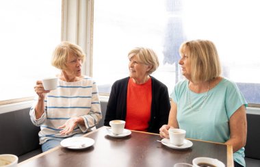 Neşeli yaşlı arkadaşlar birlikte çay ya da kahve içiyorlar. Kıdemli kız arkadaşları gülerek sohbet ve emeklilik yaşam tarzı ve dostluk veya arkadaşlık kavramı aktif kalmak kahve dükkanında eğlenmek.