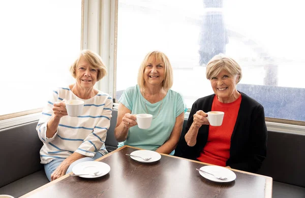 Joyful elderly friends having tea or coffee together. Senior girlfriends chatting laughing and having fun in coffee shop in Stay active in retirement lifestyle and friendship or companionship concept.