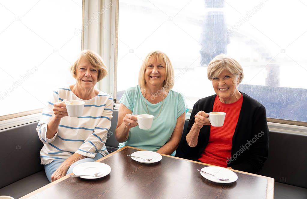 Joyful elderly friends having tea or coffee together. Senior girlfriends chatting laughing and having fun in coffee shop in Stay active in retirement lifestyle and friendship or companionship concept.