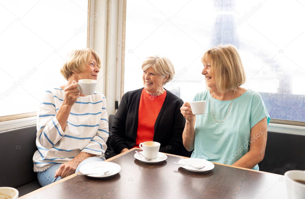 Joyful elderly friends having tea or coffee together. Senior girlfriends chatting laughing and having fun in coffee shop in Stay active in retirement lifestyle and friendship or companionship concept.