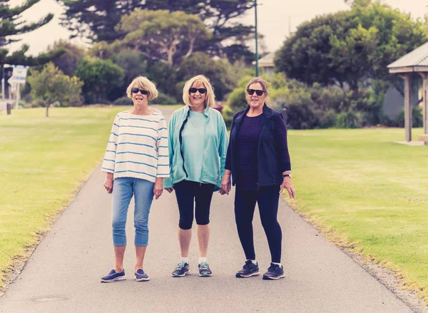 Lovely Group Three Senior Mature Retired Women 60S Walking Sportswear — Stock Photo, Image