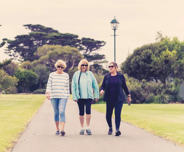 Lovely Group Three Senior Mature Retired Women 60S Walking Sportswear — Stock Photo, Image