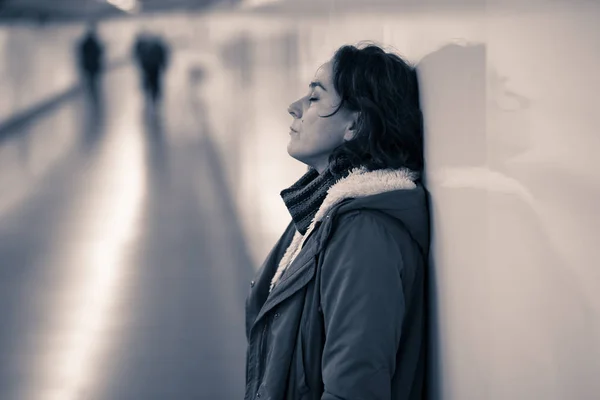 Hopeless Exhausted Woman Suffering Depression Anxiety Subway Tunnel Work Life — Stock Photo, Image
