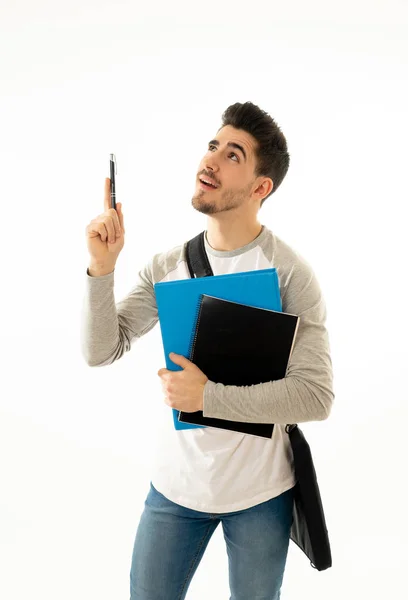 Portrait Jeune Homme Heureux Pensée Réfléchie Des Étudiants Manière Créative — Photo