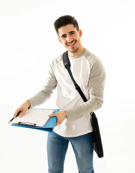 Retrato Bonito Estudante Universitário Homem Com Mochila Pasta Notepad Sorrindo — Fotografia de Stock
