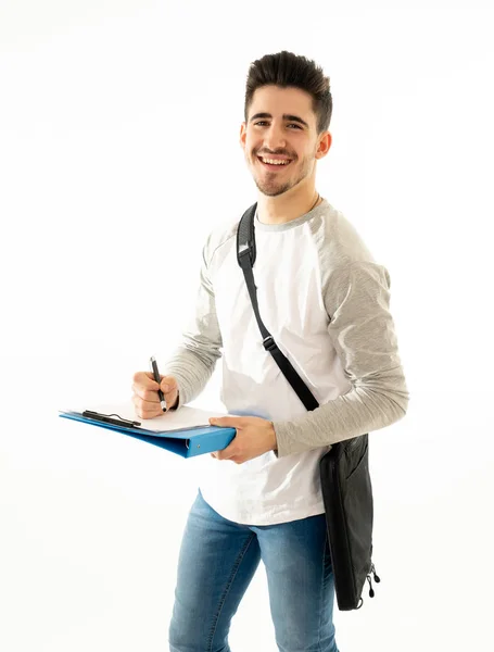 Retrato Bonito Estudante Universitário Homem Com Mochila Pasta Notepad Sorrindo — Fotografia de Stock