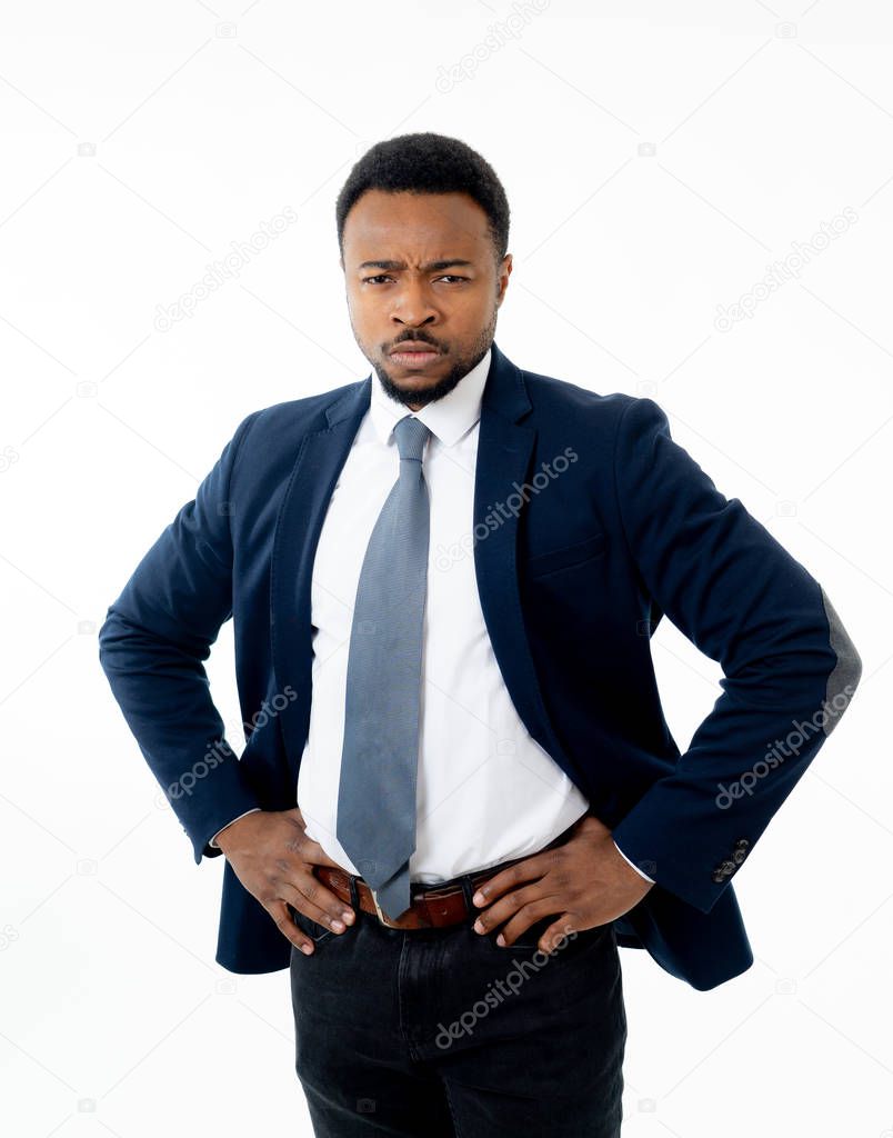 Attractive african american businessman boss furious with angry face and gesturing upset and mad at employee in Managing and Stress at Work bully boss and human emotions. Isolated on white background.