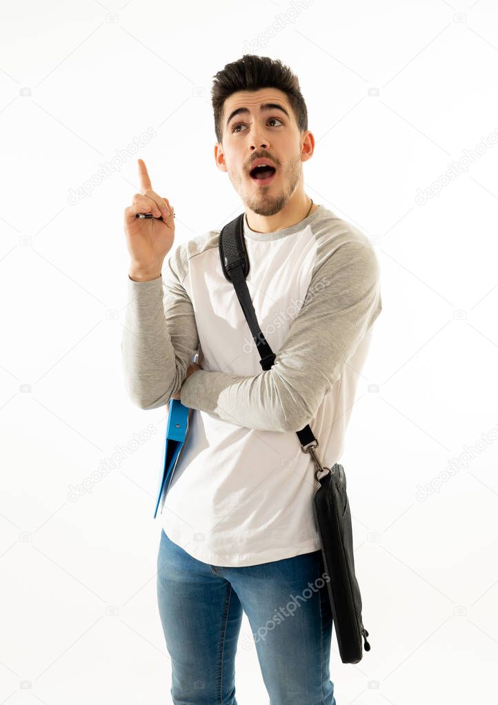 Portrait of happy young man, thoughtful student thinking in creative ways to success, creating new ideas, exams, learning new languages or studying masters. Isolated on white background.