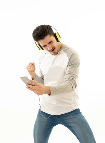 Portrait Happy Young Man Listening Music Headphones Changing Songs Tracks — Stock Photo, Image