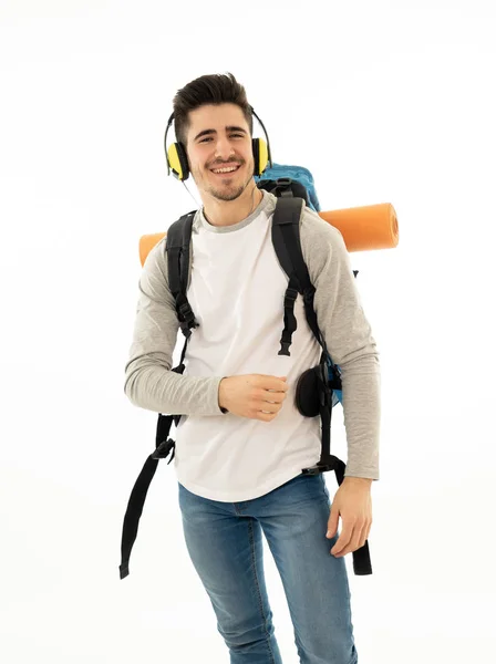 Retrato Joven Estudiante Feliz Con Mochila Escuchando Música Auriculares Cantando —  Fotos de Stock