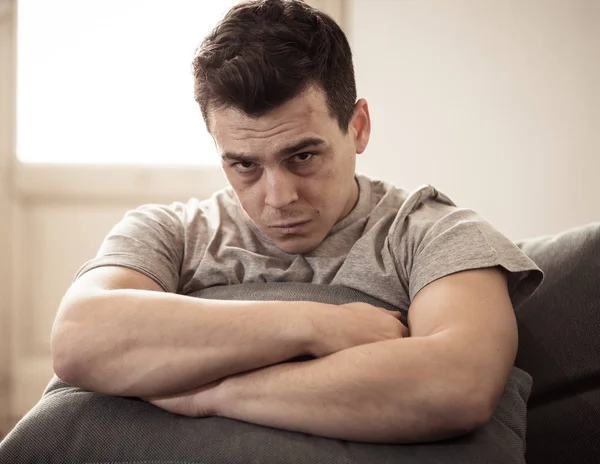 Unhappy Depressed Caucasian Male Sitting Crying Lying Living Room Couch — Stock Photo, Image