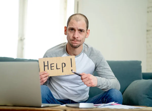 Attractive Young Man Overwhelmed Business Home Finances Asking Help Paying — Stock Photo, Image