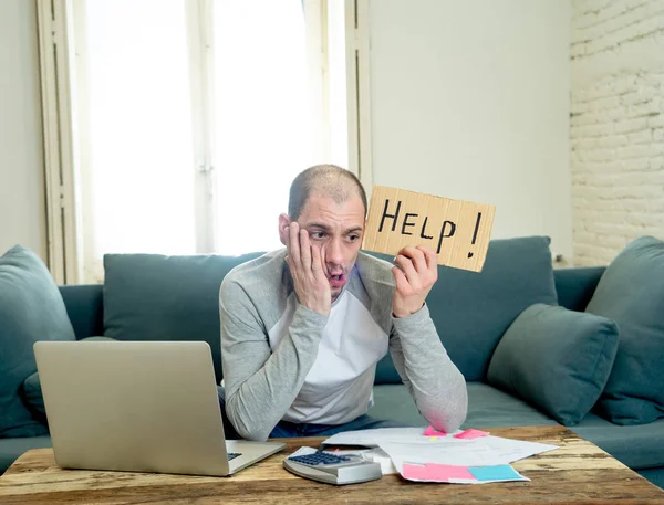 Attractive Young Man Overwhelmed Business Home Finances Asking Help Paying — Stock Photo, Image