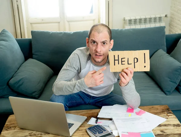 Attractive Young Man Overwhelmed Business Home Finances Asking Help Paying — Stock Photo, Image