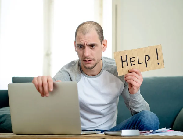 Attractive Young Man Overwhelmed Business Home Finances Asking Help Paying — Stock Photo, Image