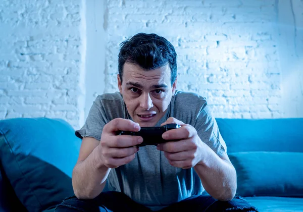 Portrait Young Student Man Spending Time Playing Video Games Using — Stock Photo, Image