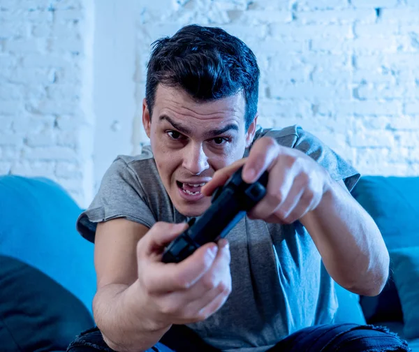 Portrait Young Student Man Spend Time Playing Video Games Using — Stok Foto