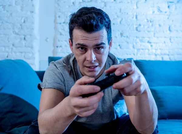 Portrait Young Student Man Spend Time Playing Video Games Using — Stok Foto