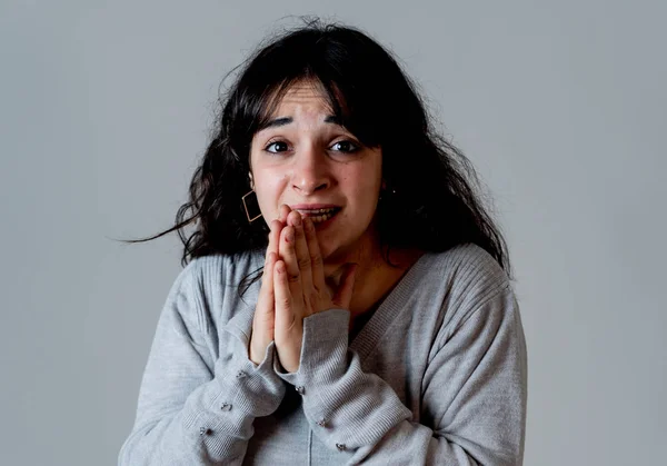 Close Portrait Scared Shocked Young Woman Receiving Bad News Looking — Stock Photo, Image