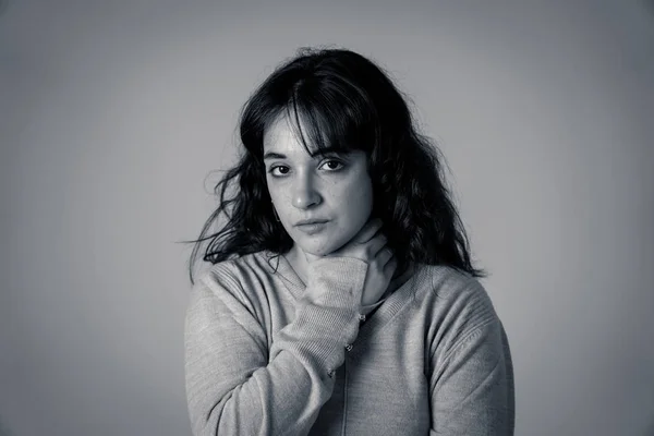 Close Portrait Beautiful Young Woman Sad Eyes Looking Desperate Melancholy — Stock Photo, Image