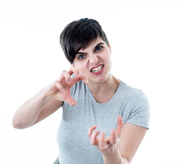 Portret Van Jonge Aantrekkelijke Kaukasische Vrouw Met Een Boos Gezicht — Stockfoto