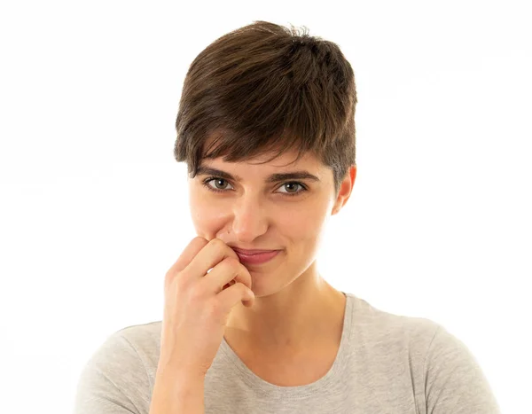 Primer Plano Retrato Atractiva Joven Mujer Caucásica Con Cara Feliz —  Fotos de Stock