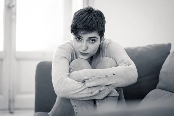 Black White Portrait Attractive Desperate Depressed Young Woman Sofa Feeling — Stock Photo, Image